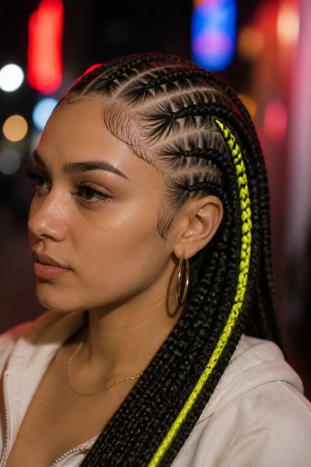 Close-up portrait of a person with one neon yellow braid among monochrome braids.