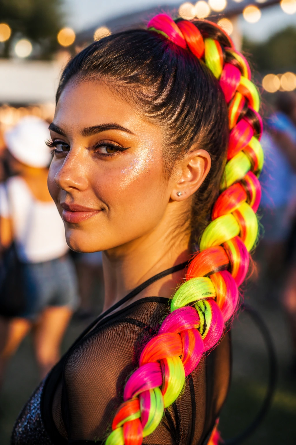 Close-up of a real person with a high braid using neon hair extensions at a festival