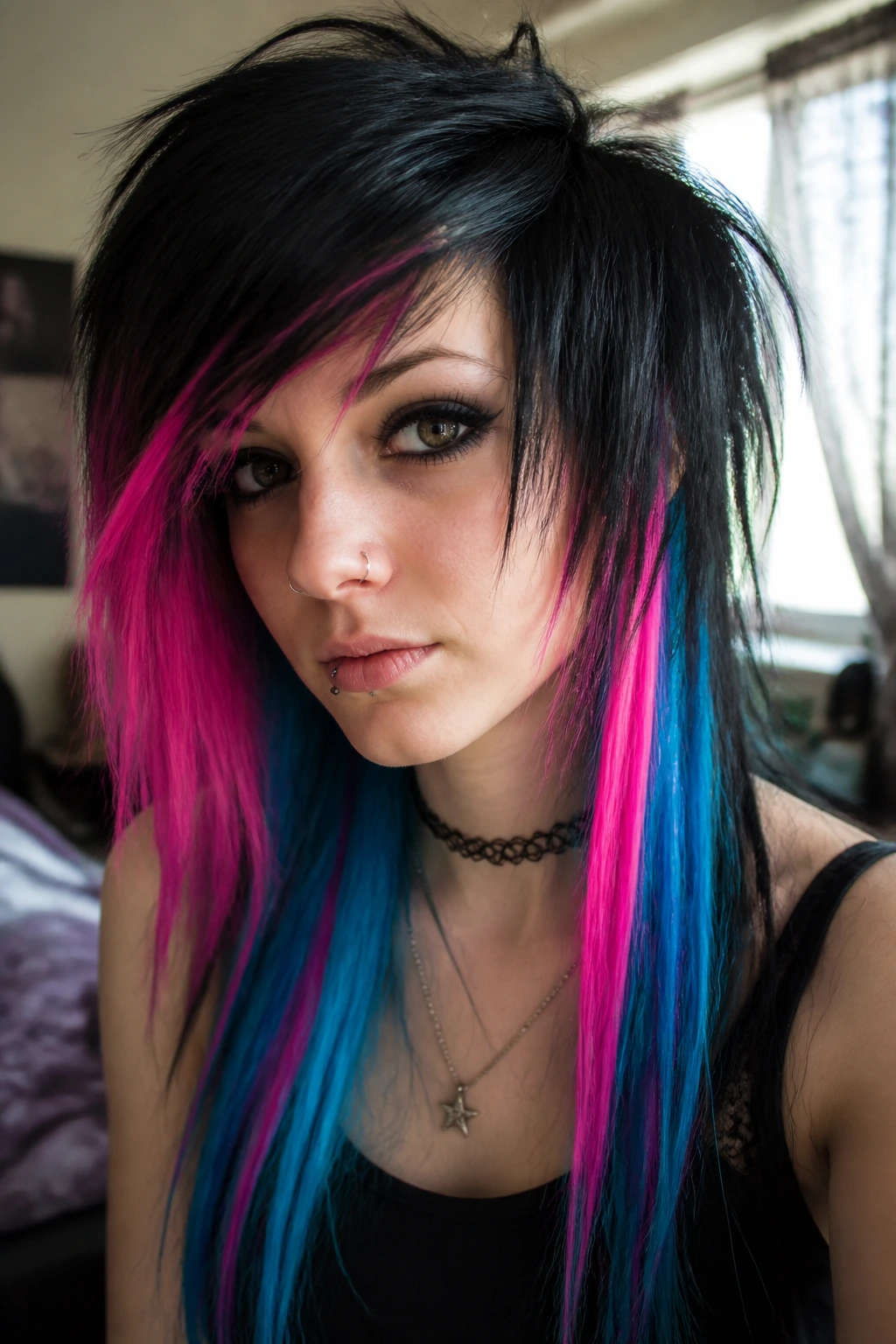 Close-up of a real woman with neon clip-in extensions peeking from hair