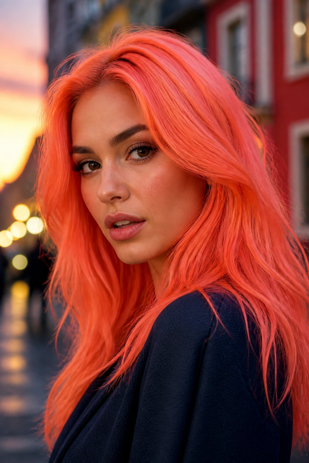 Close-up portrait of real woman with neon coral blast hair on urban street