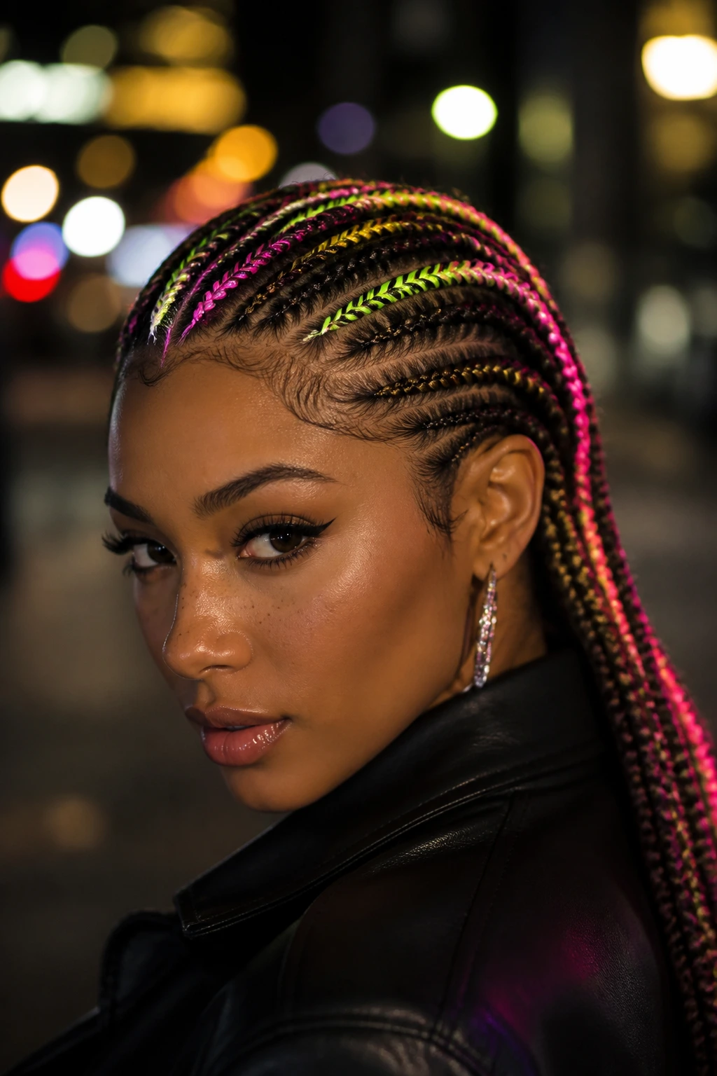Close-up of neon-accented cornrows on a real person with colorful braids.