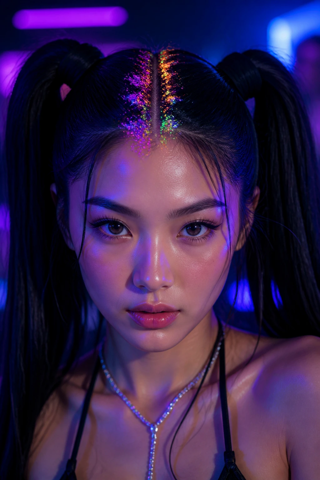 Close-up of a real person with neon glitter in high pigtails under UV light