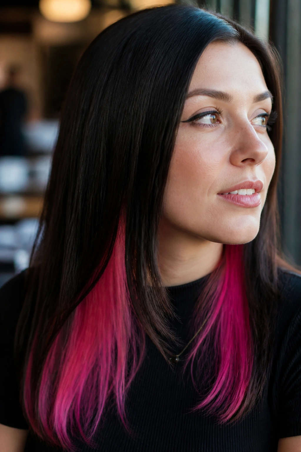 Close-up of hair with a hidden neon pink streak at the bottom layer