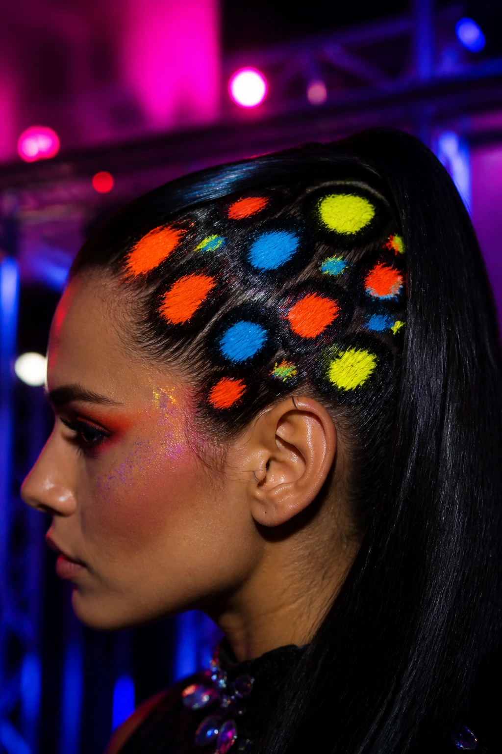 Close-up of a real person with neon leopard spot pattern on center hair during festival lighting