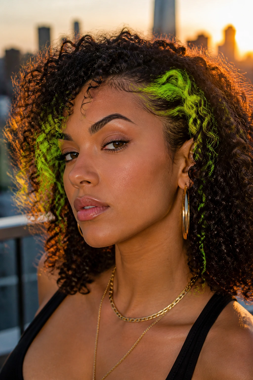 Close-up portrait of a real woman with neon lime streaks in curly hair near the temples.