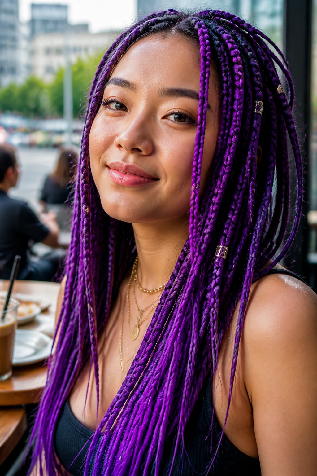 Close-up of a real person with neon orchid braids in an outdoor setting