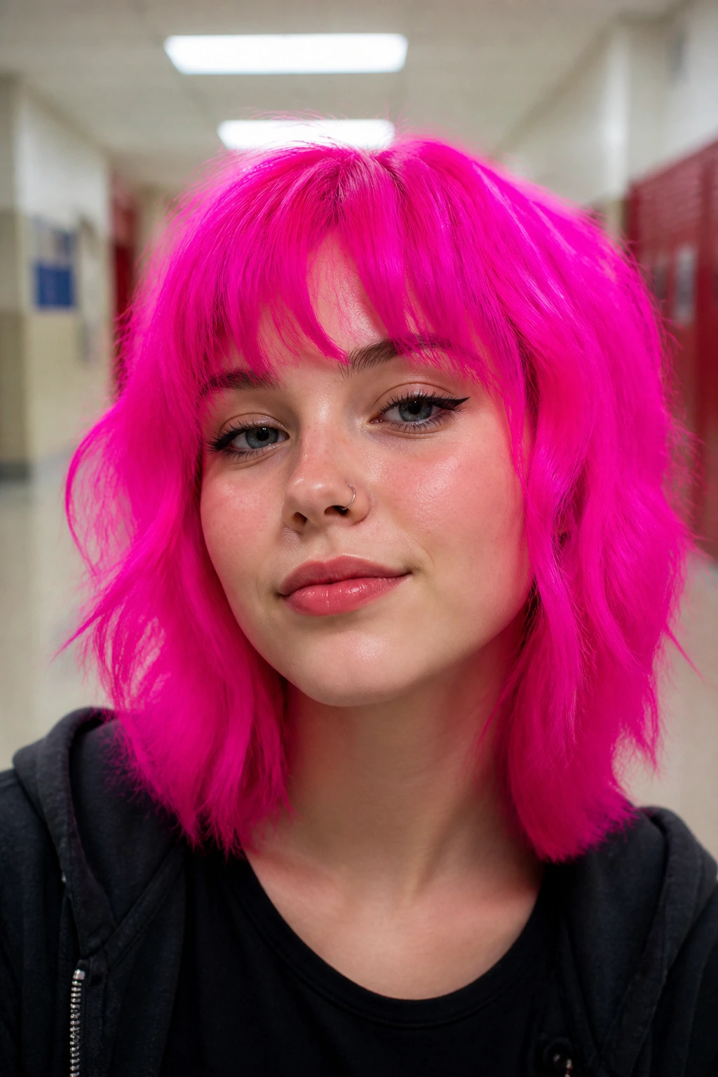 Close-up portrait of a real person with electric neon hot pink hair under fluorescent lights