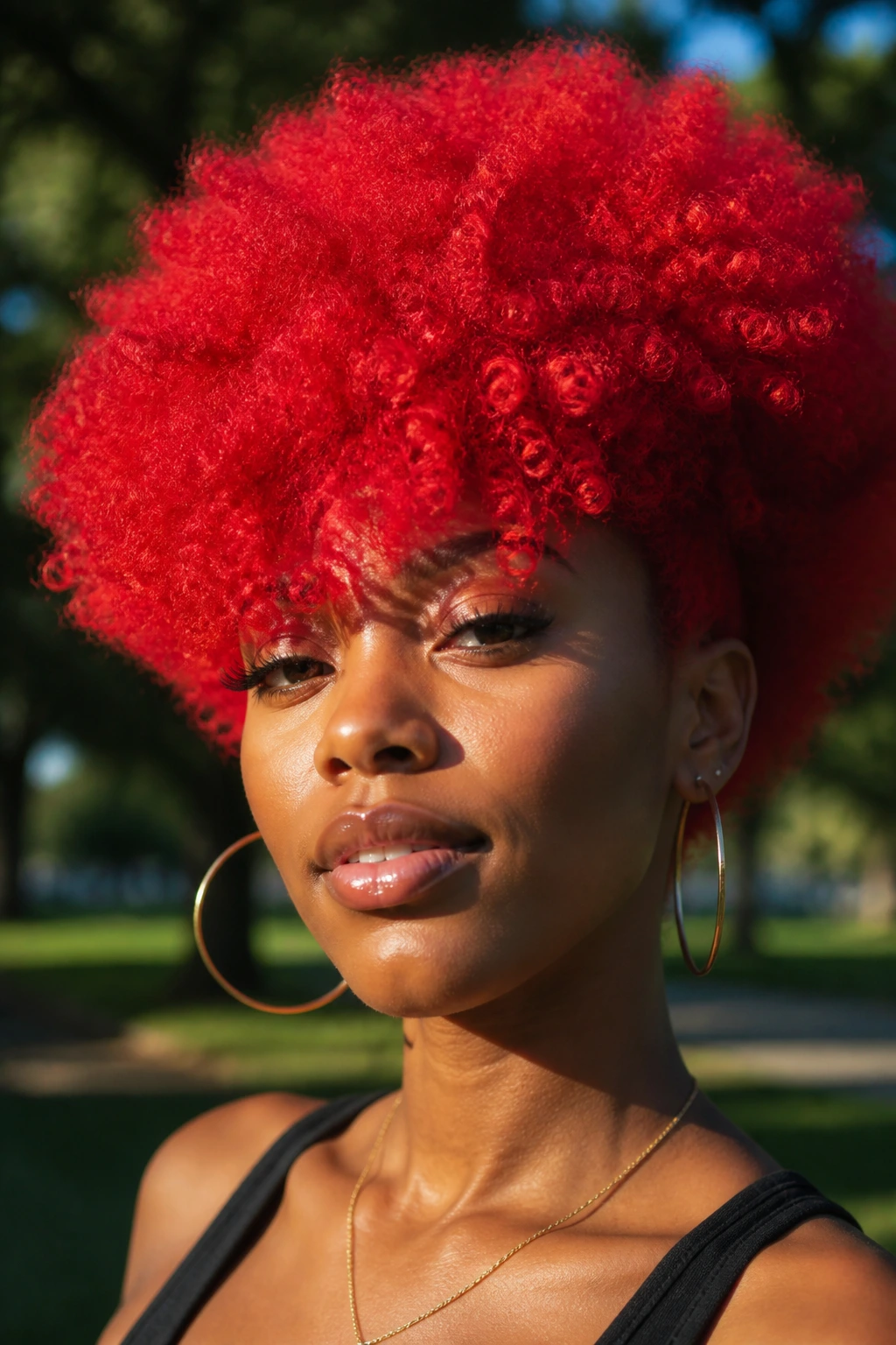 Person with neon red afro-fringe in a sunlit outdoor setting.