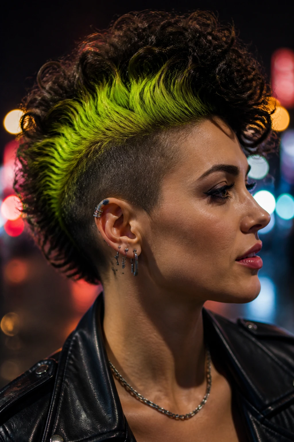 Close-up of a real person with neon-root mohawk at night