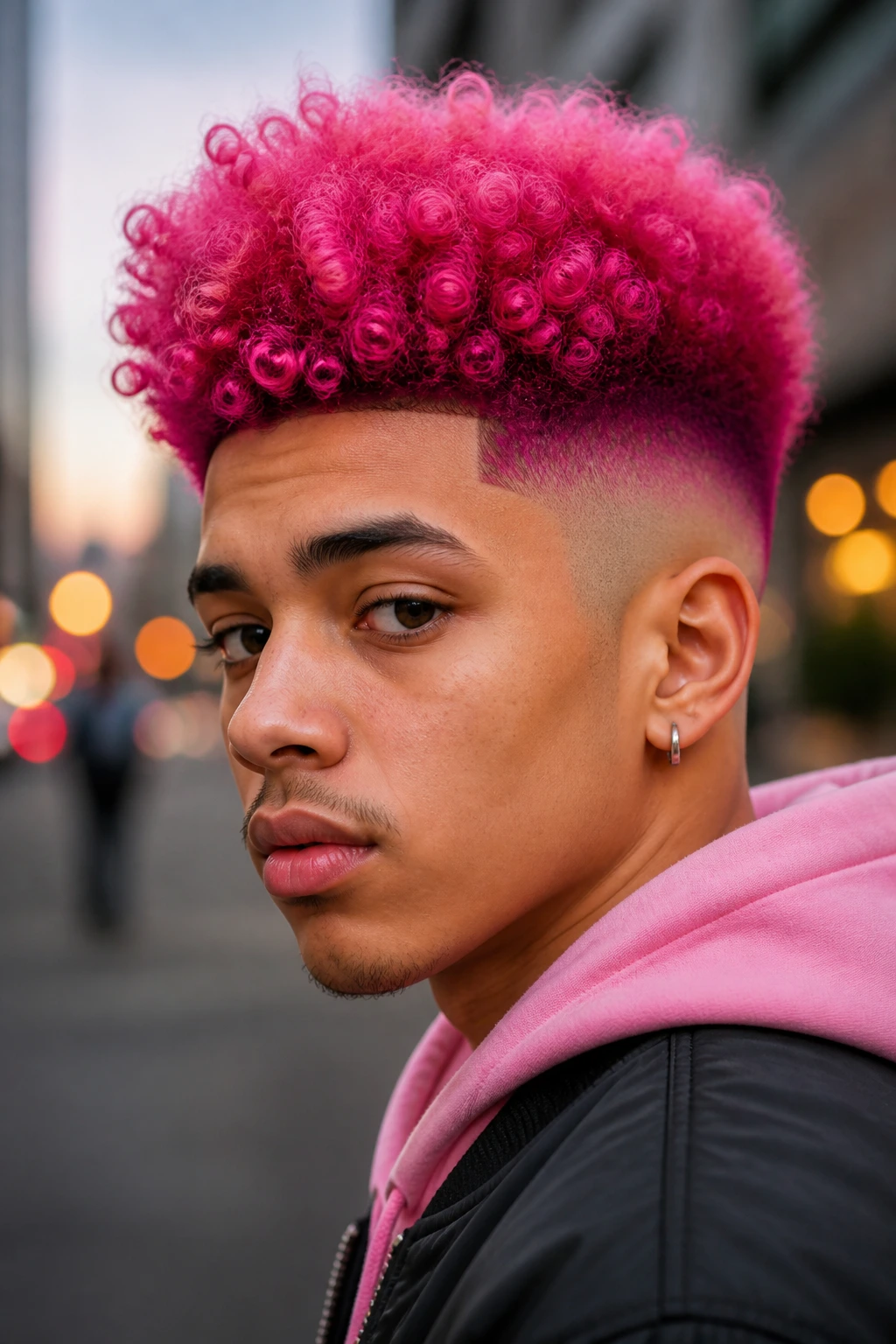 Portrait of a person with neon rose high-top fade on the crown.