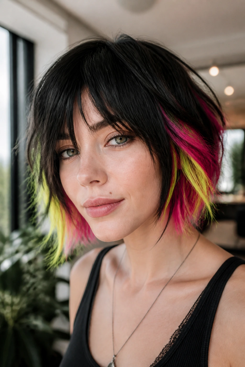 Real woman with neon streaks in a choppy chin-length bob.