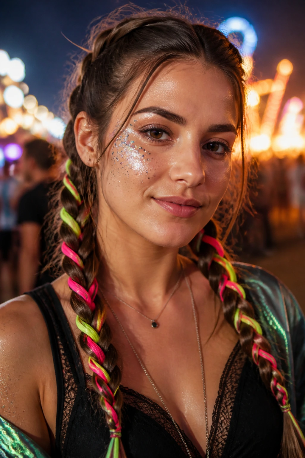 Close-up of a real woman with neon-thread pigtail braids