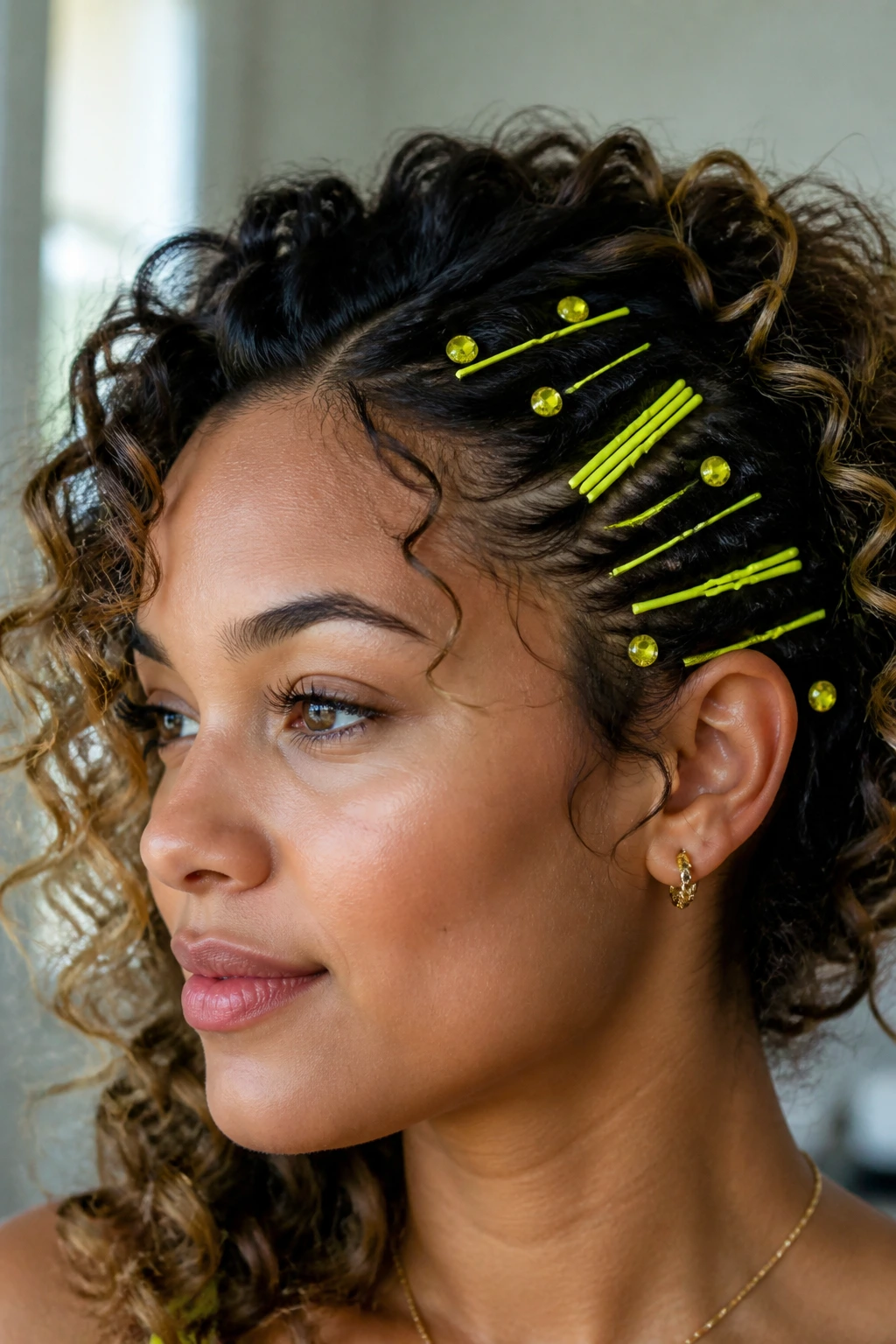 Close-up of a real person with neon yellow hair pins scattered on one side of the hair.
