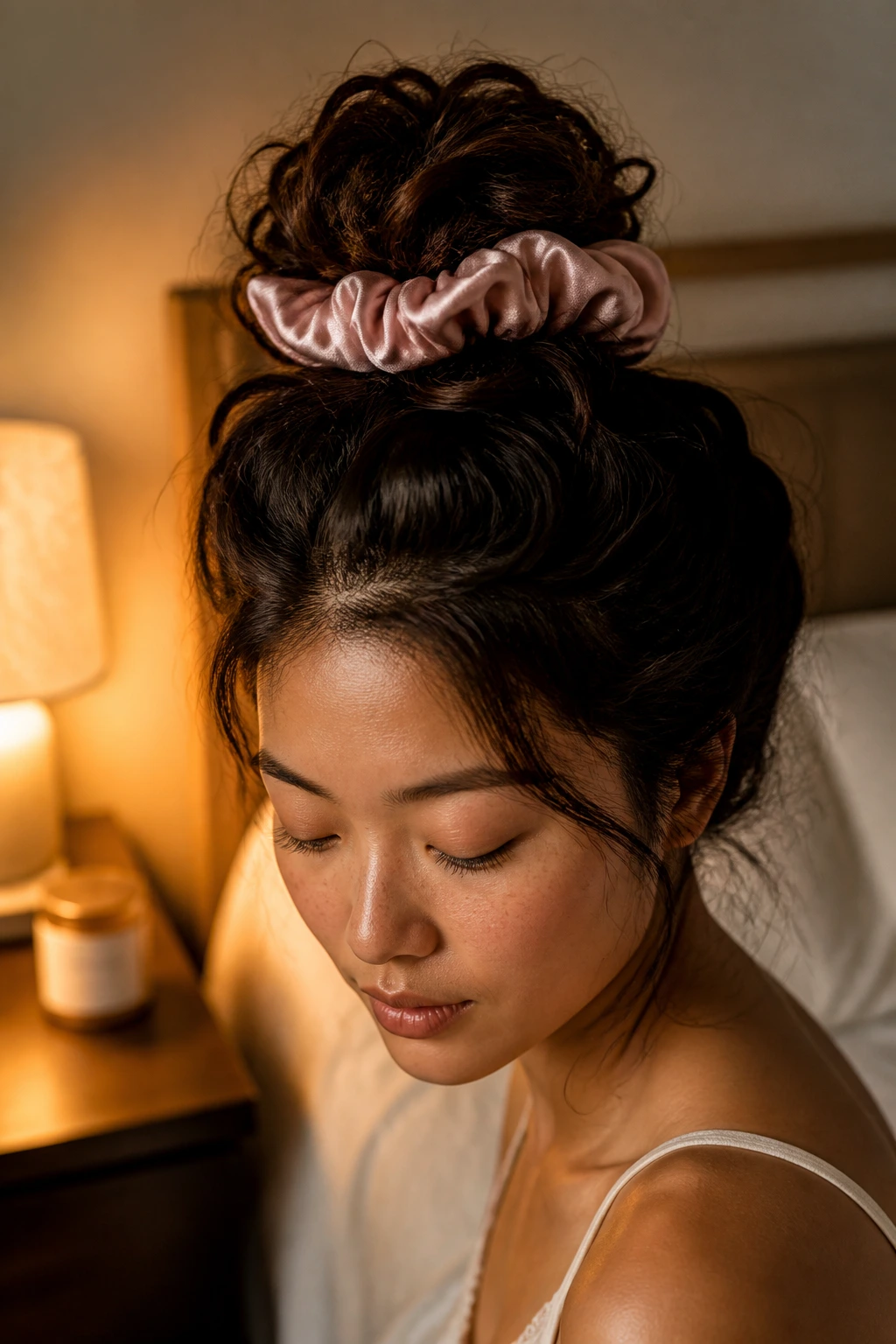 Close-up of a person wearing a pineapple bun for nighttime curl care