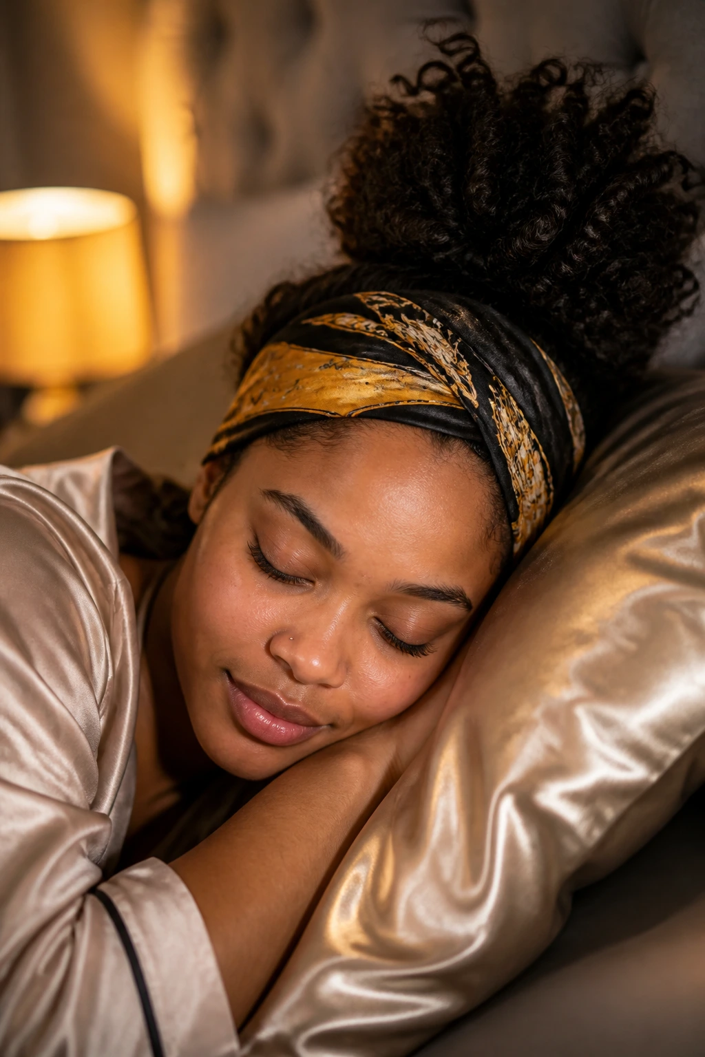 Close-up of a real woman with a loose pineapple and satin scarf protecting edges in bed.