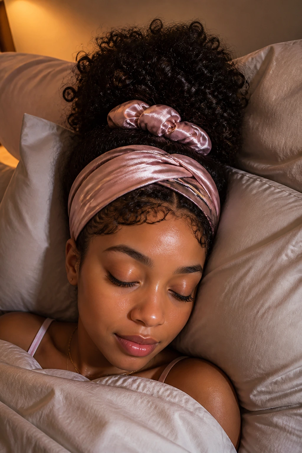 Person in bed with pineapple updo and silk scarf routine at night