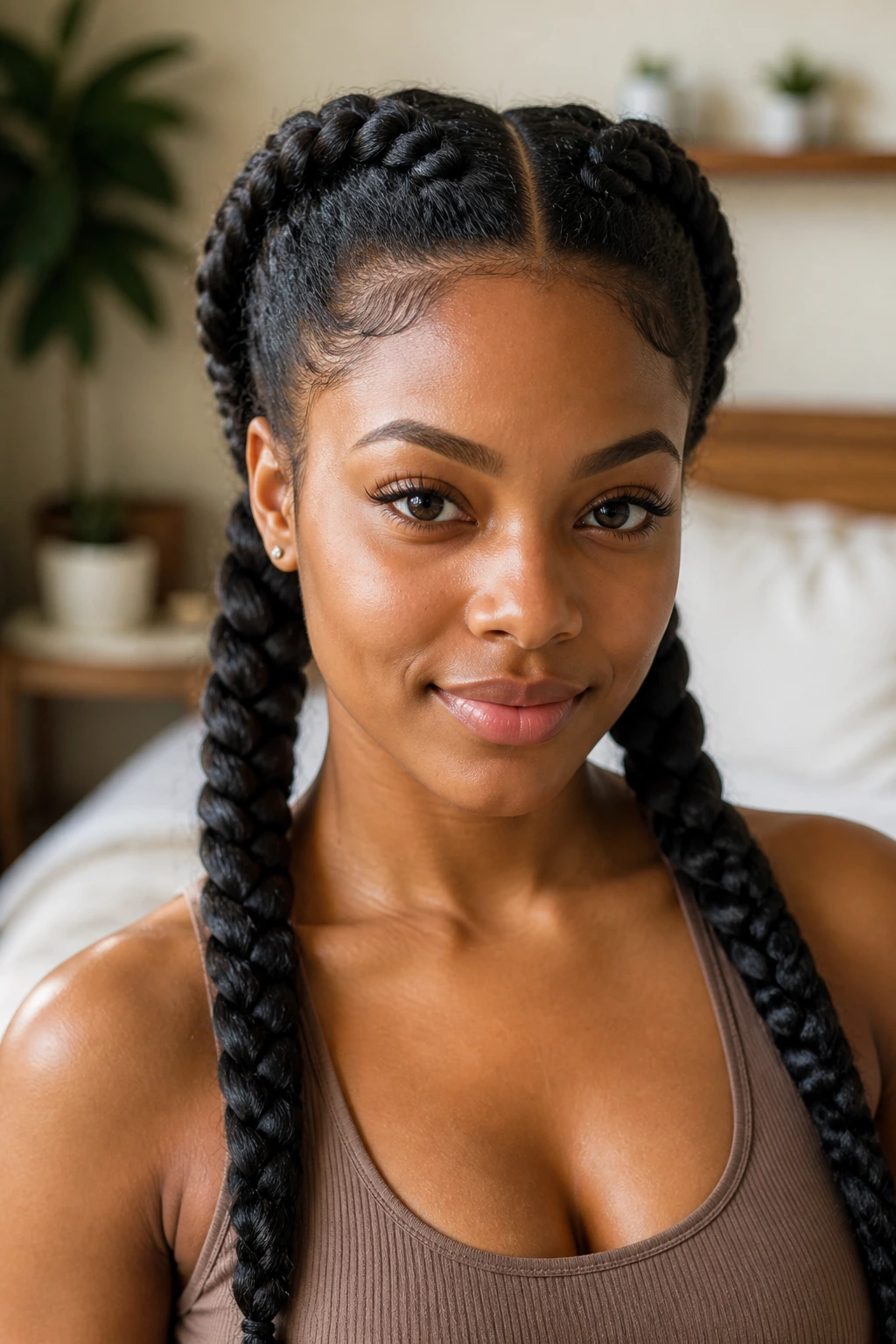 Close-up of a real woman with natural thick braids, no extensions, showing crown volume