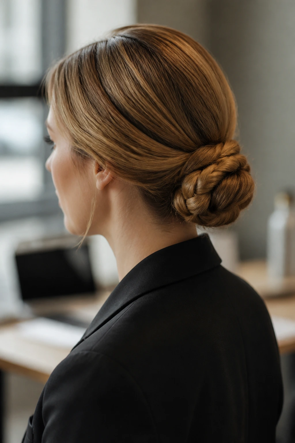 Back view close-up of a real woman wearing a Norman Wrapped Chignon with a wrapped thin section at the bun.