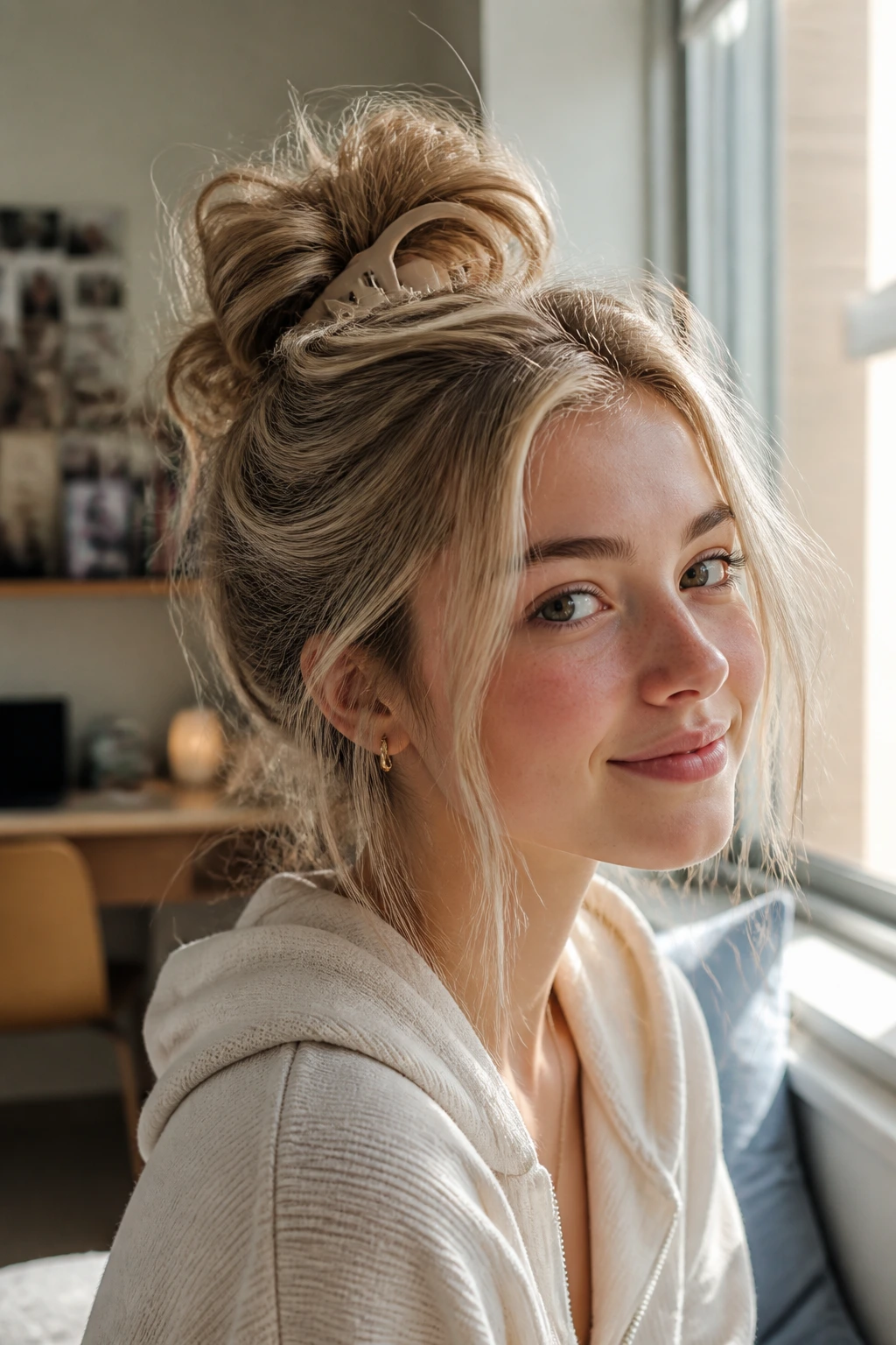 Close-up of a real student wearing an Oat Milk Messy Bun with a claw clip in warm window light
