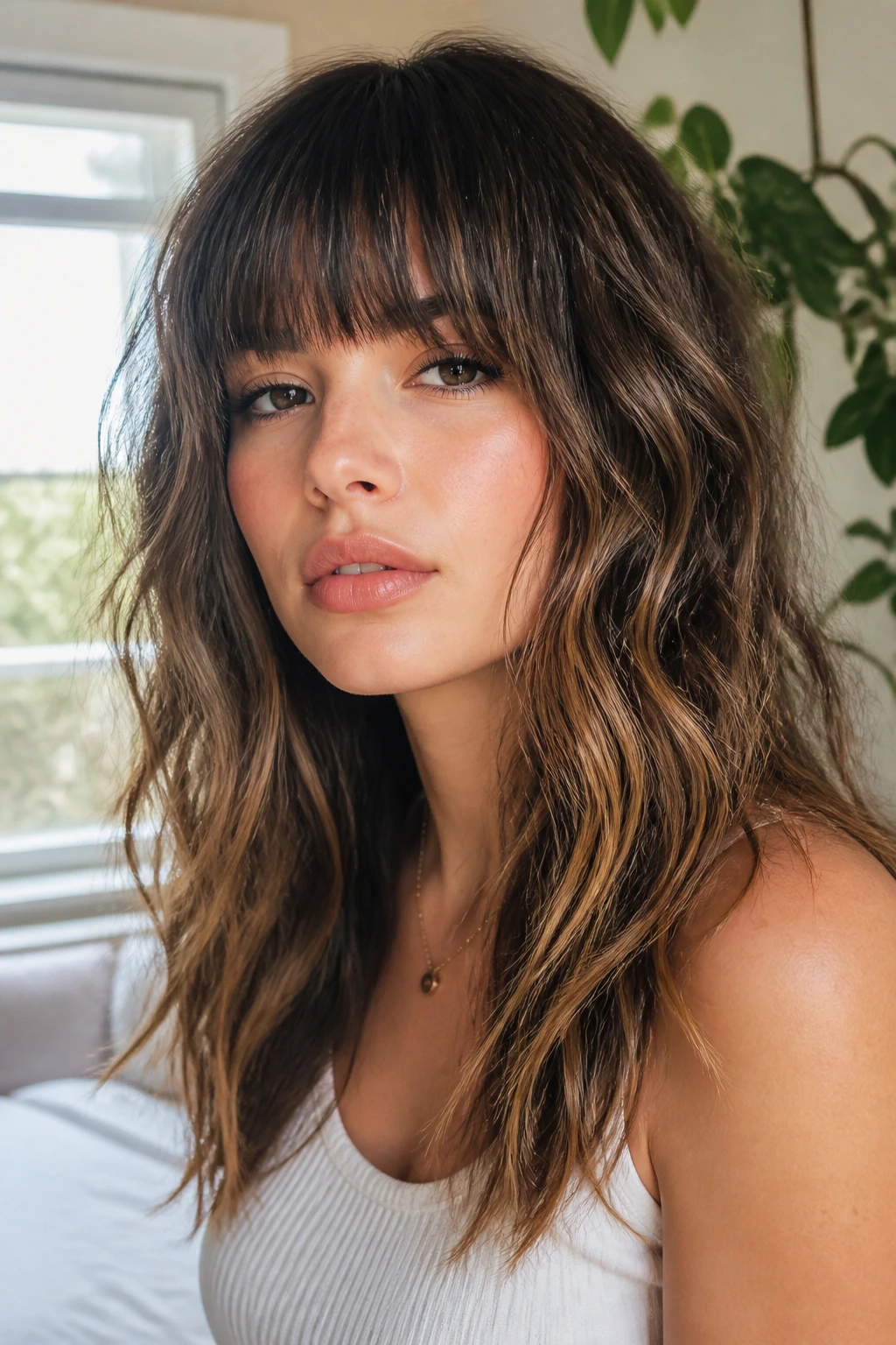 Portrait of a woman with full fringe and beachy textured waves, oblong face