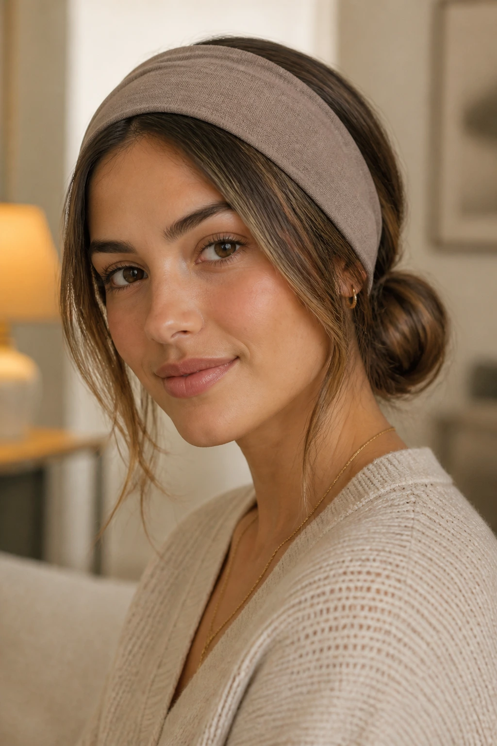 Portrait of a woman with a wide fabric headband and a low chignon, oblong face