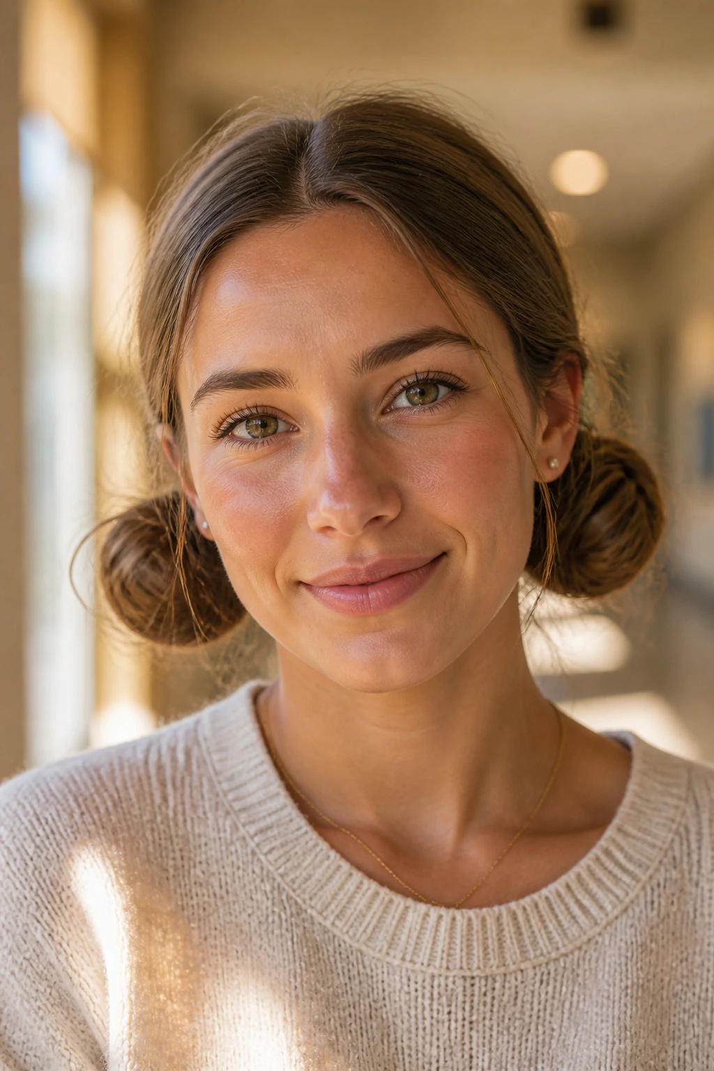 Portrait of a woman with double space buns mounted low behind the ears, oblong face