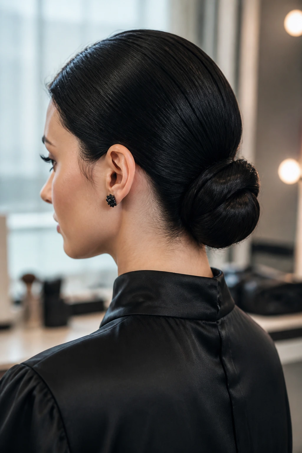 Close-up portrait of a real woman with an obsidian low chignon at the nape