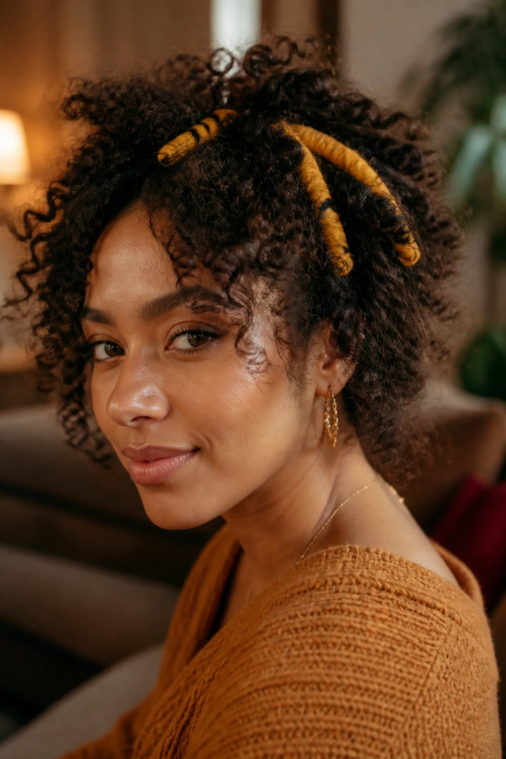 Close-up of ochre yarn wraps on real woman's hair