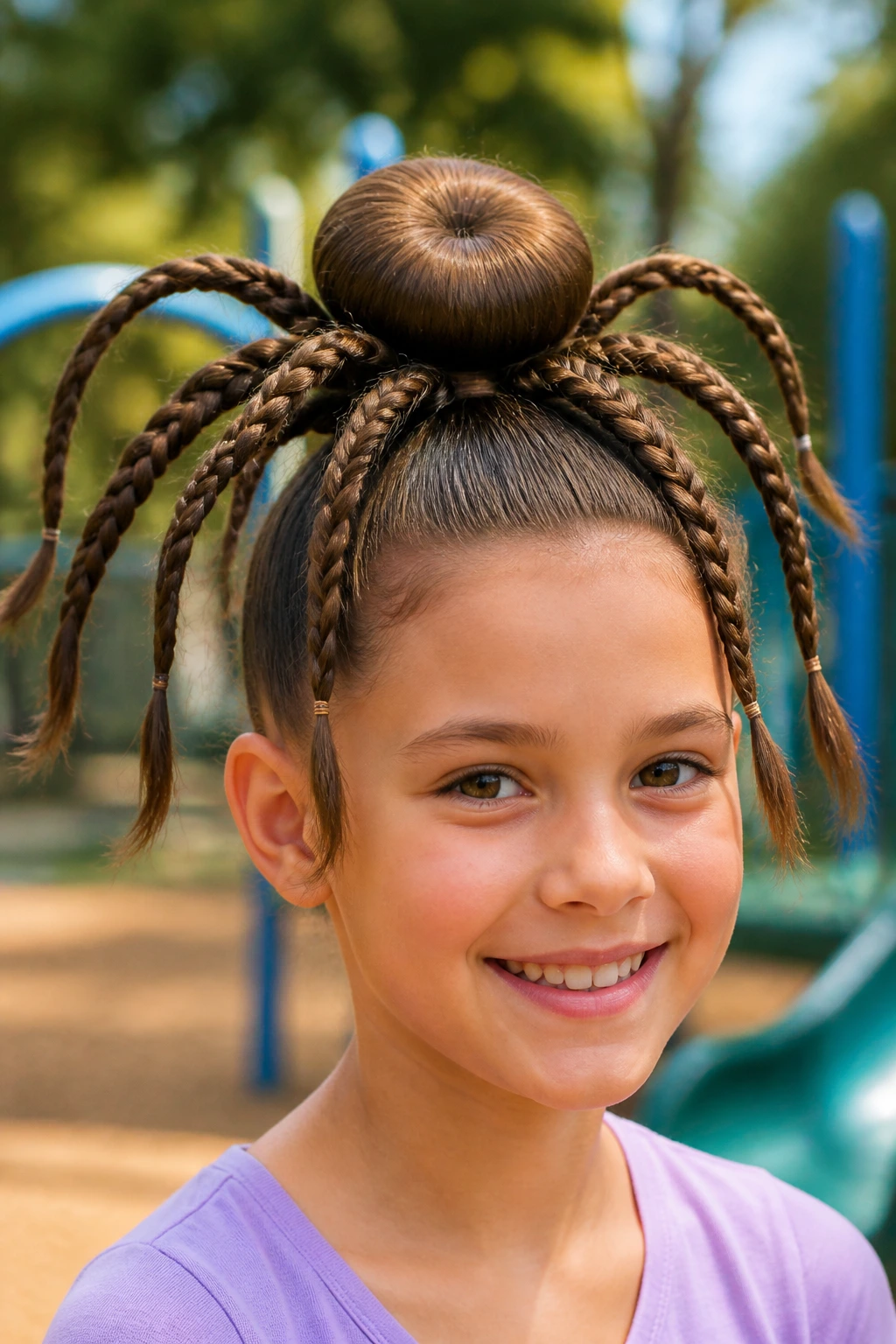 Real child with octopus sock bun and eight braids as tentacles