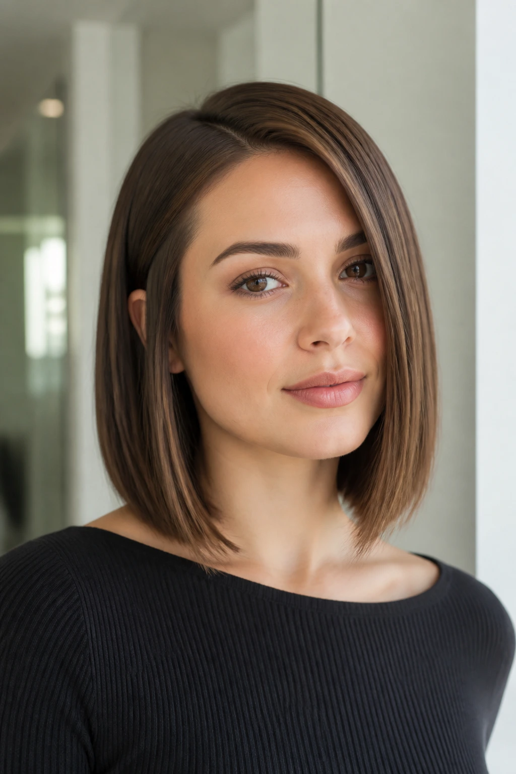 Real woman with off-center parted straight lob hairstyle, close-up portrait