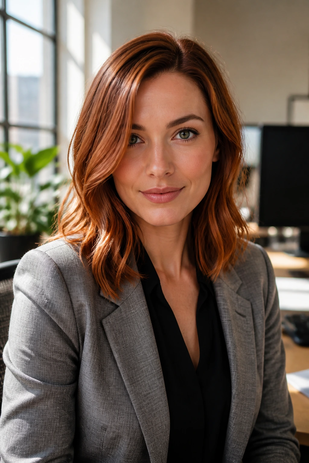 Real woman with subtle copper halo in an office setting