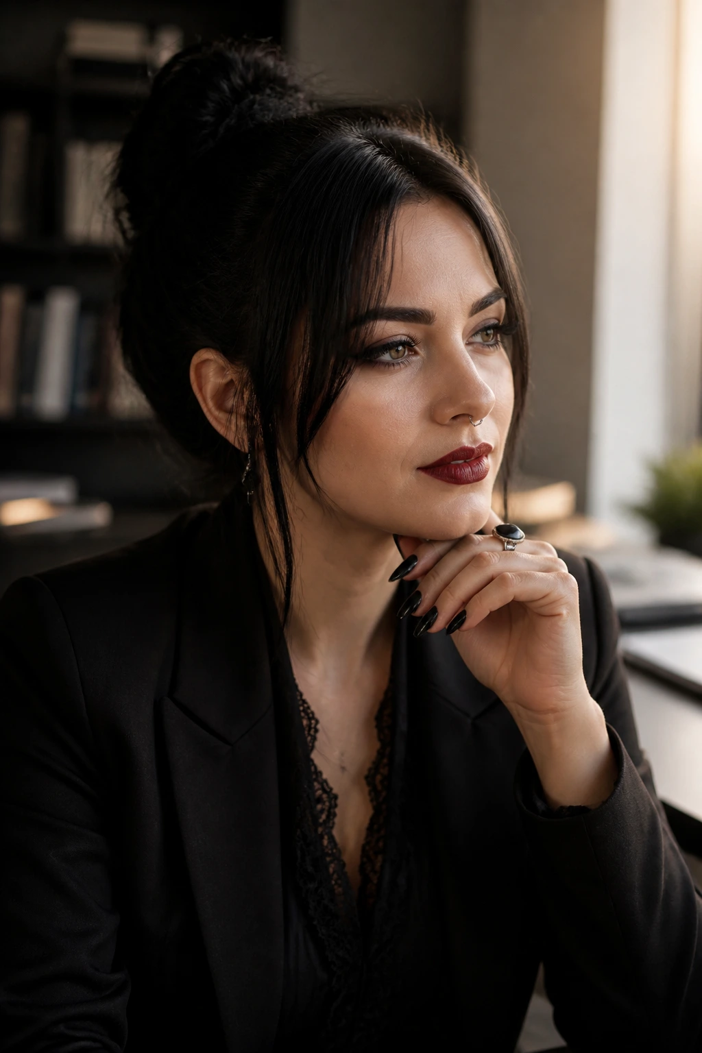 Professional portrait of a person in an office, contemplative mood.