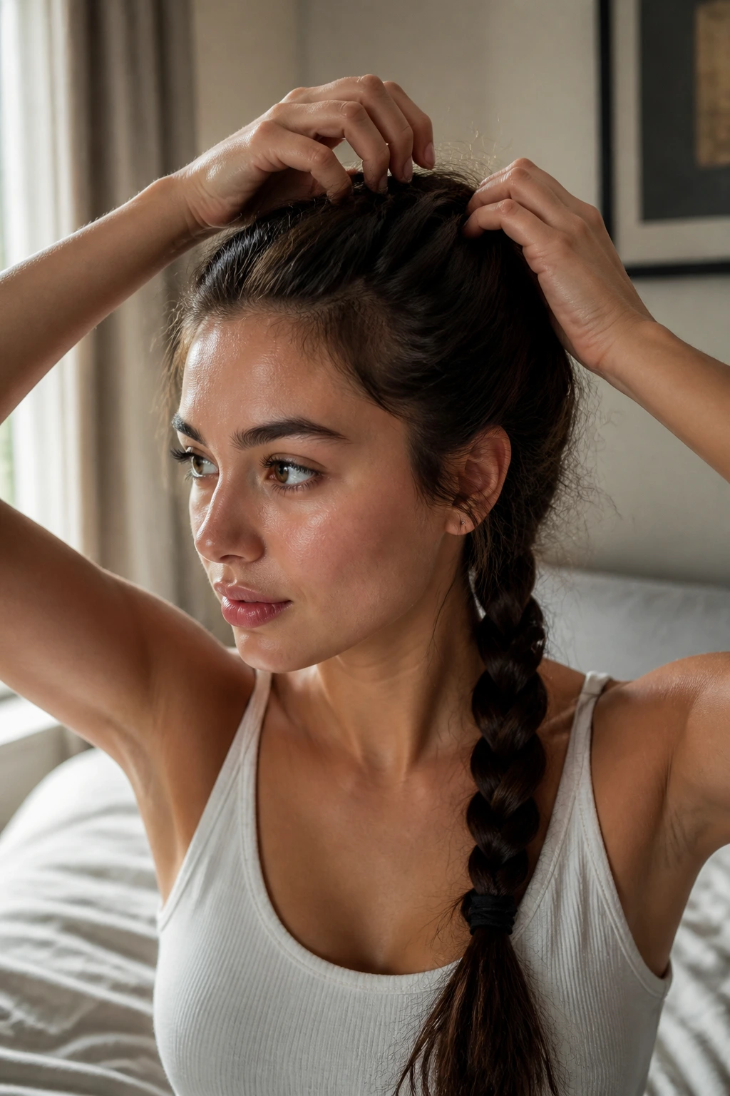 Close-up portrait of a real person managing oily hair, hands lifting strands away from the face in a sunlit bedroom