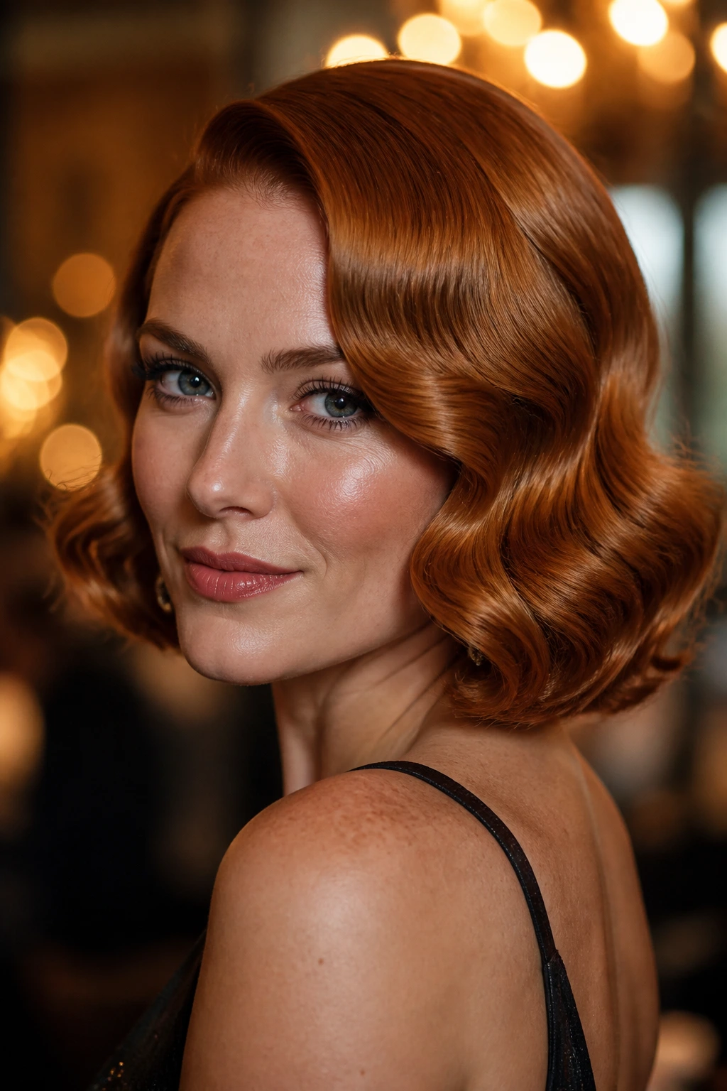 Close-up portrait of a real woman with Old Hollywood copper waves in warm lighting