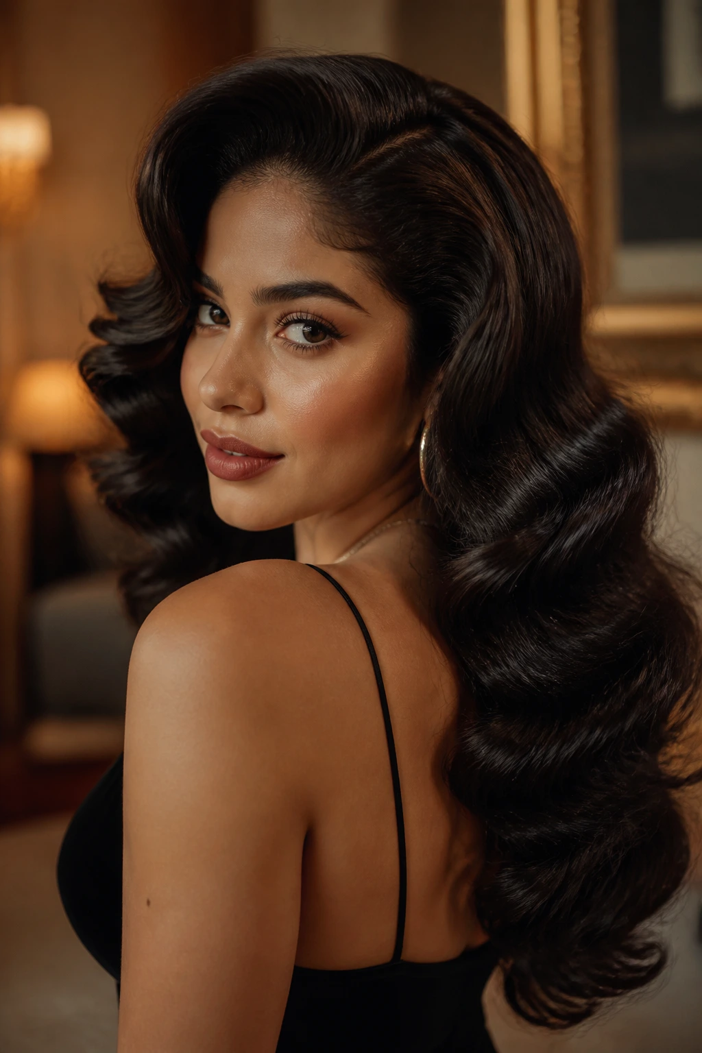 Portrait of a real woman with brushed-out Old Hollywood curls