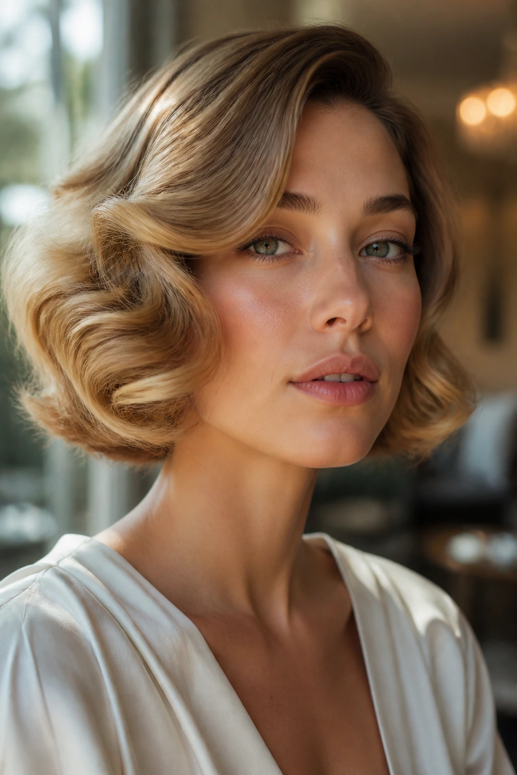 Close-up of a real person with brushed-out old Hollywood waves and a chin-length bob.
