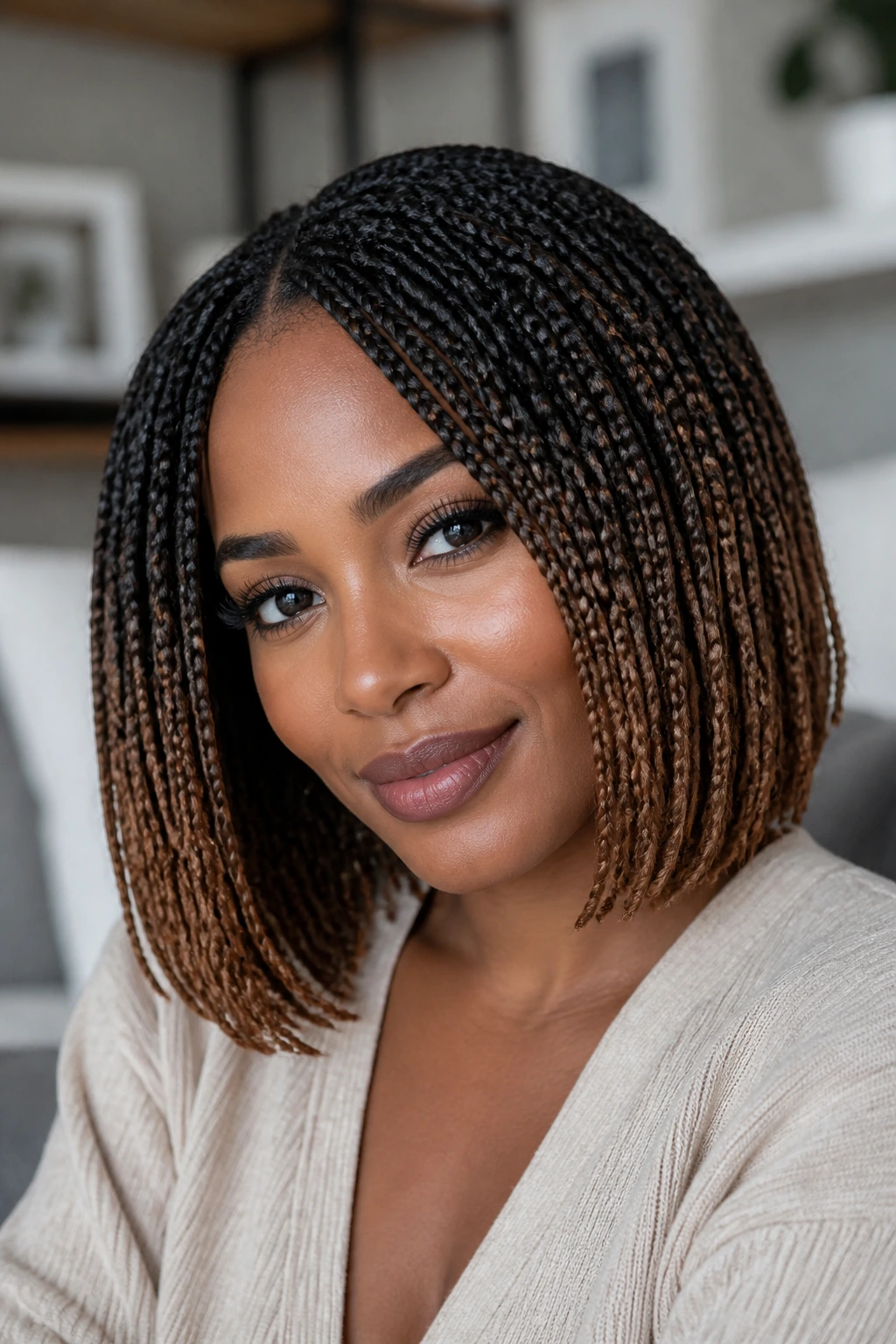 Close-up of a real woman with two-tone ombré bob braids in natural window light