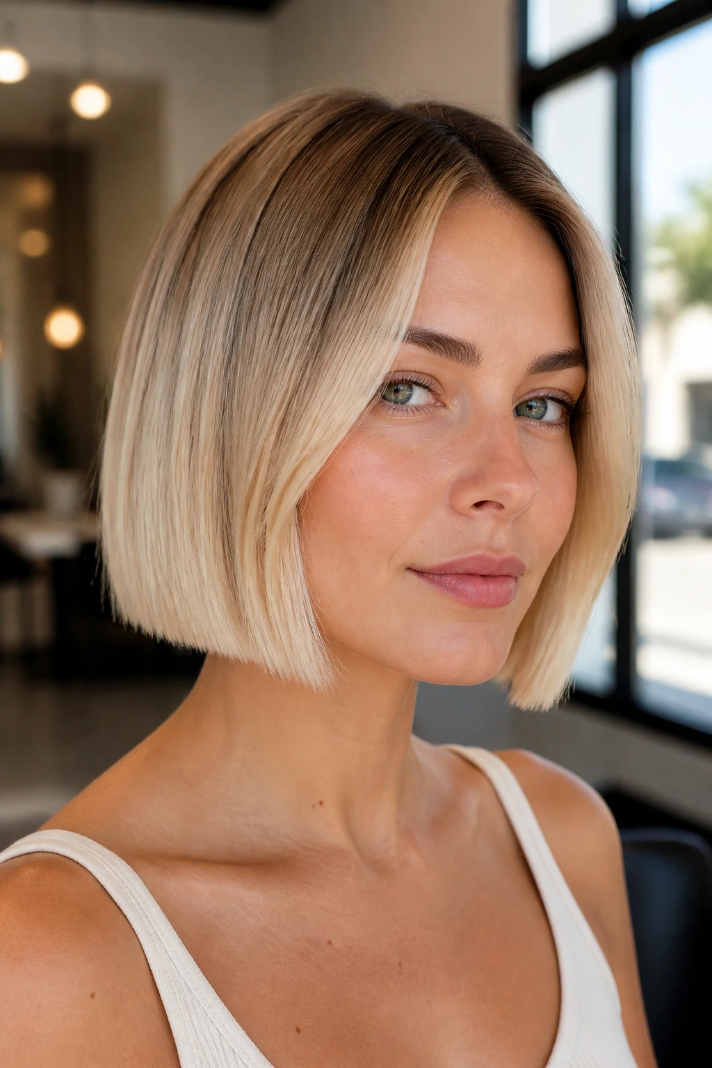 Close-up of a real woman with a soft ombré bob showing dark roots fading to blonde