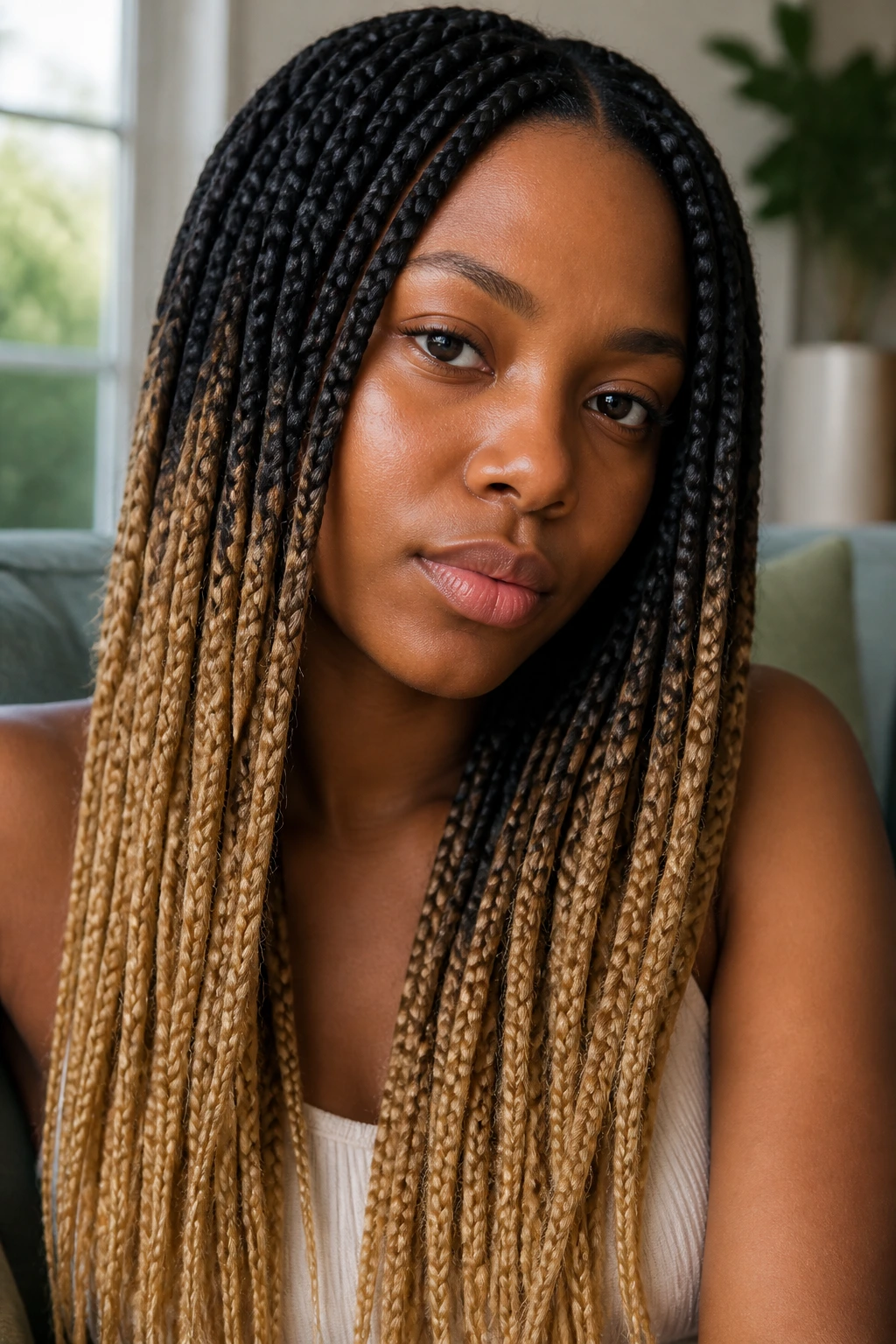 Close-up of a real woman with ombré box braids showing dark roots fading to lighter tips