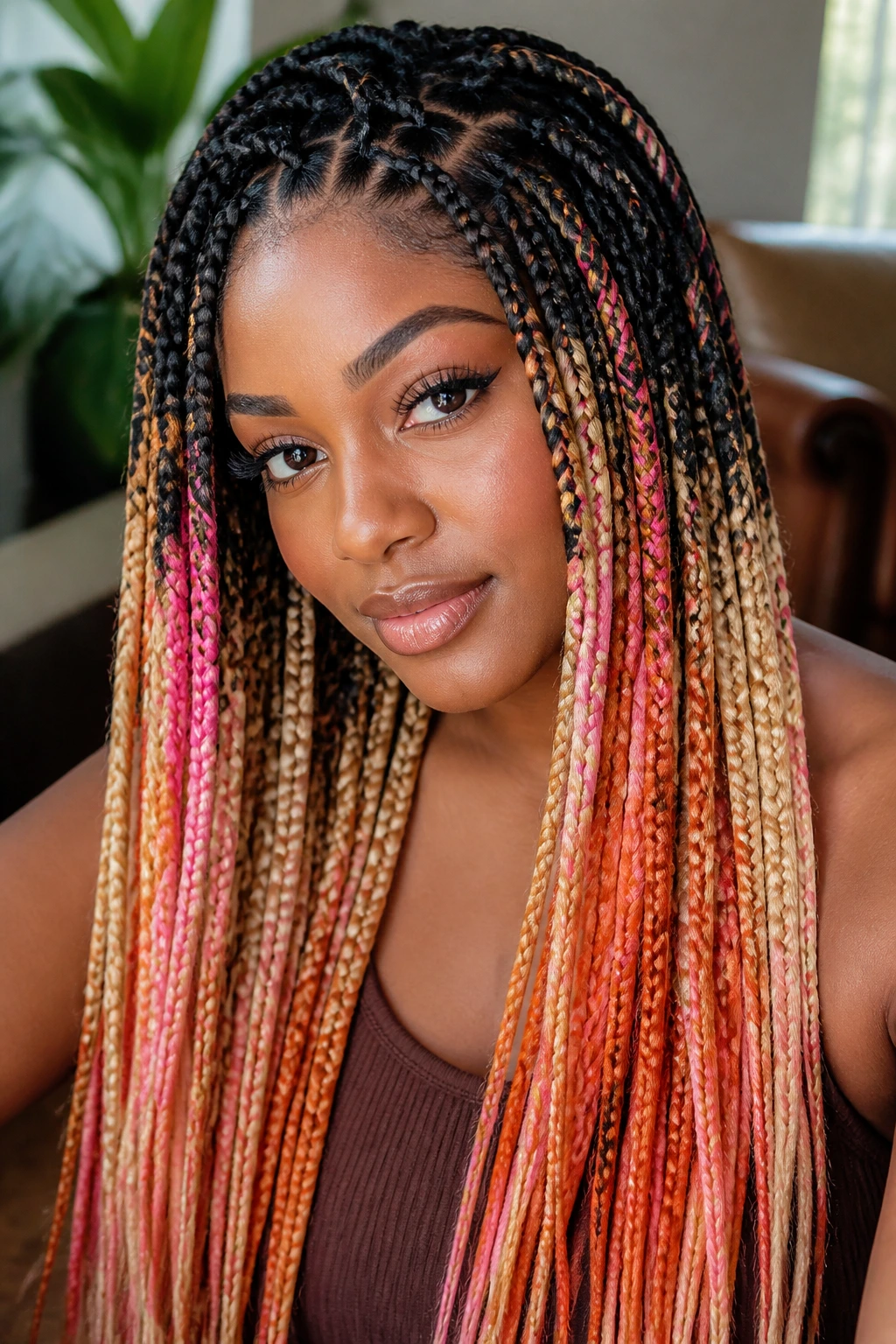 Close-up of a real woman with ombré braids in black-to-honey-to-copper gradient