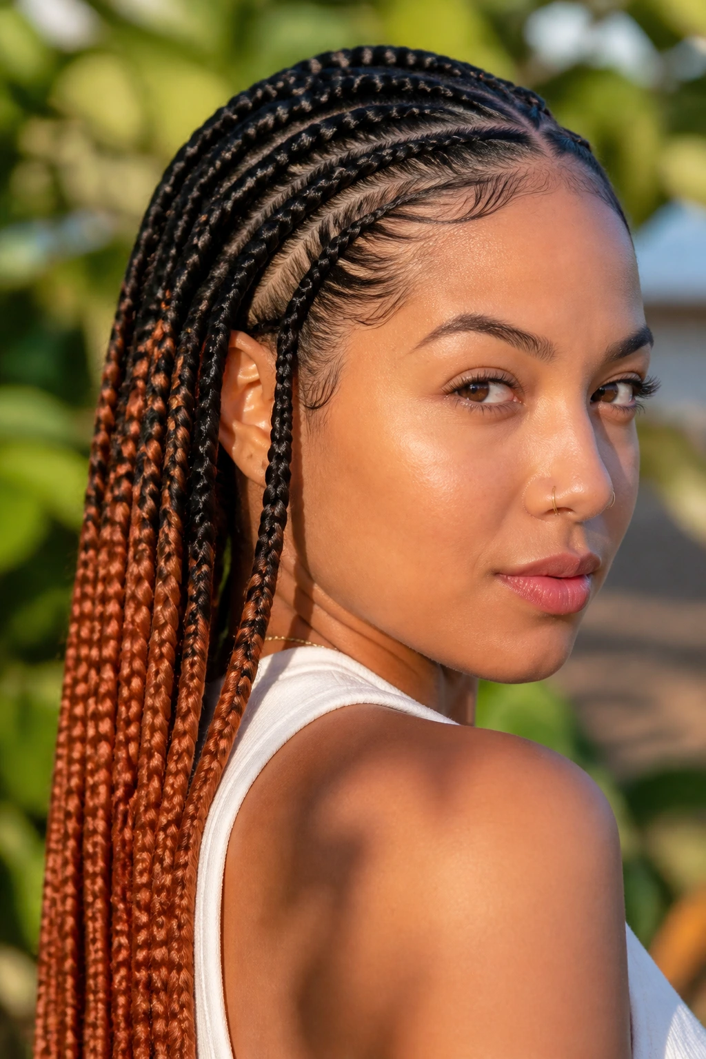 Close-up of real woman's braids with warm ombré transitions from dark roots to copper ends