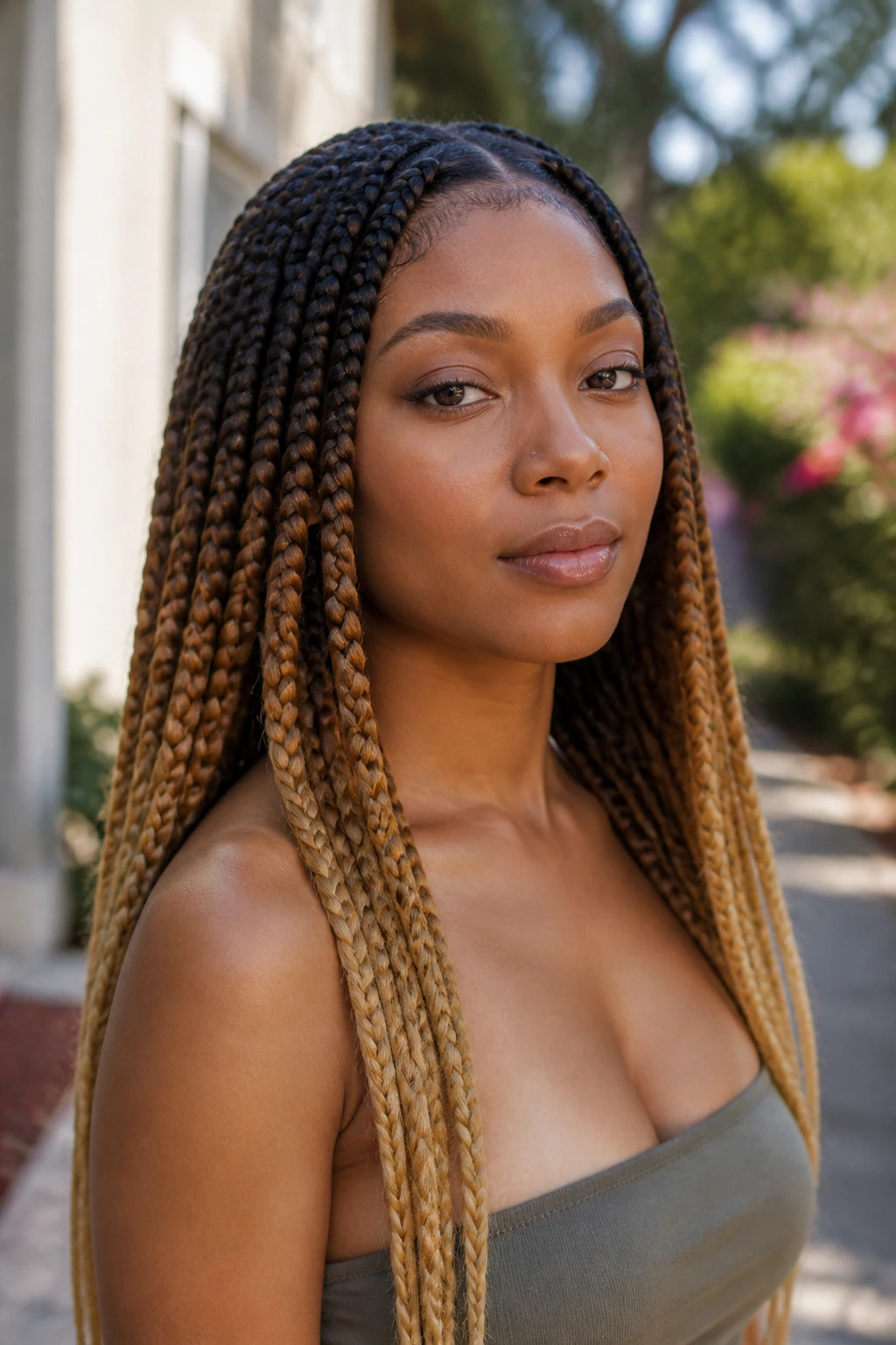 Close-up of a real woman with ombre braids showing root-to-tip gradient