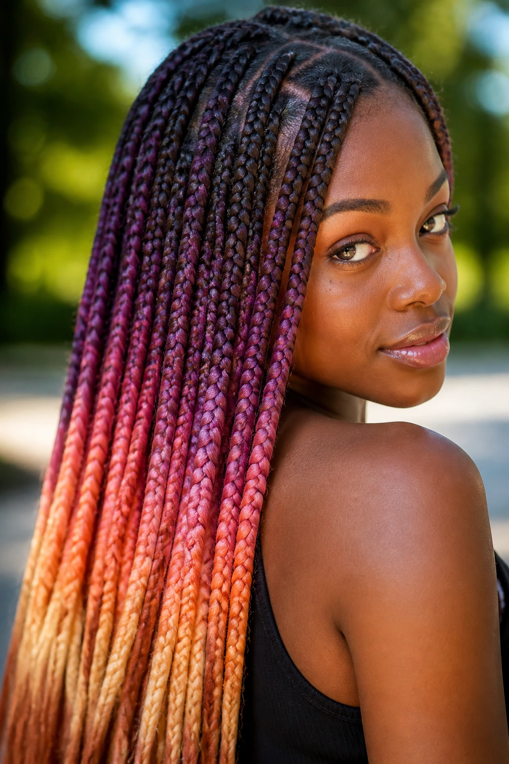 Real woman with vibrant ombré braided hair.