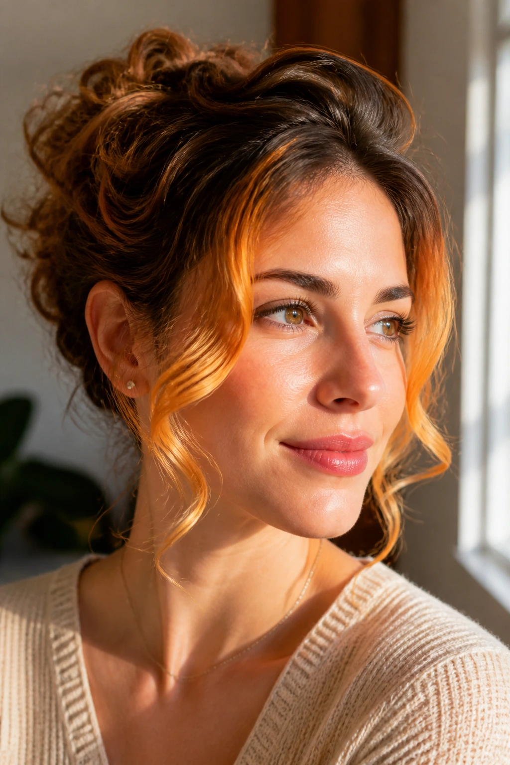 Close-up portrait of a real person with a copper-gold ombré face frame.