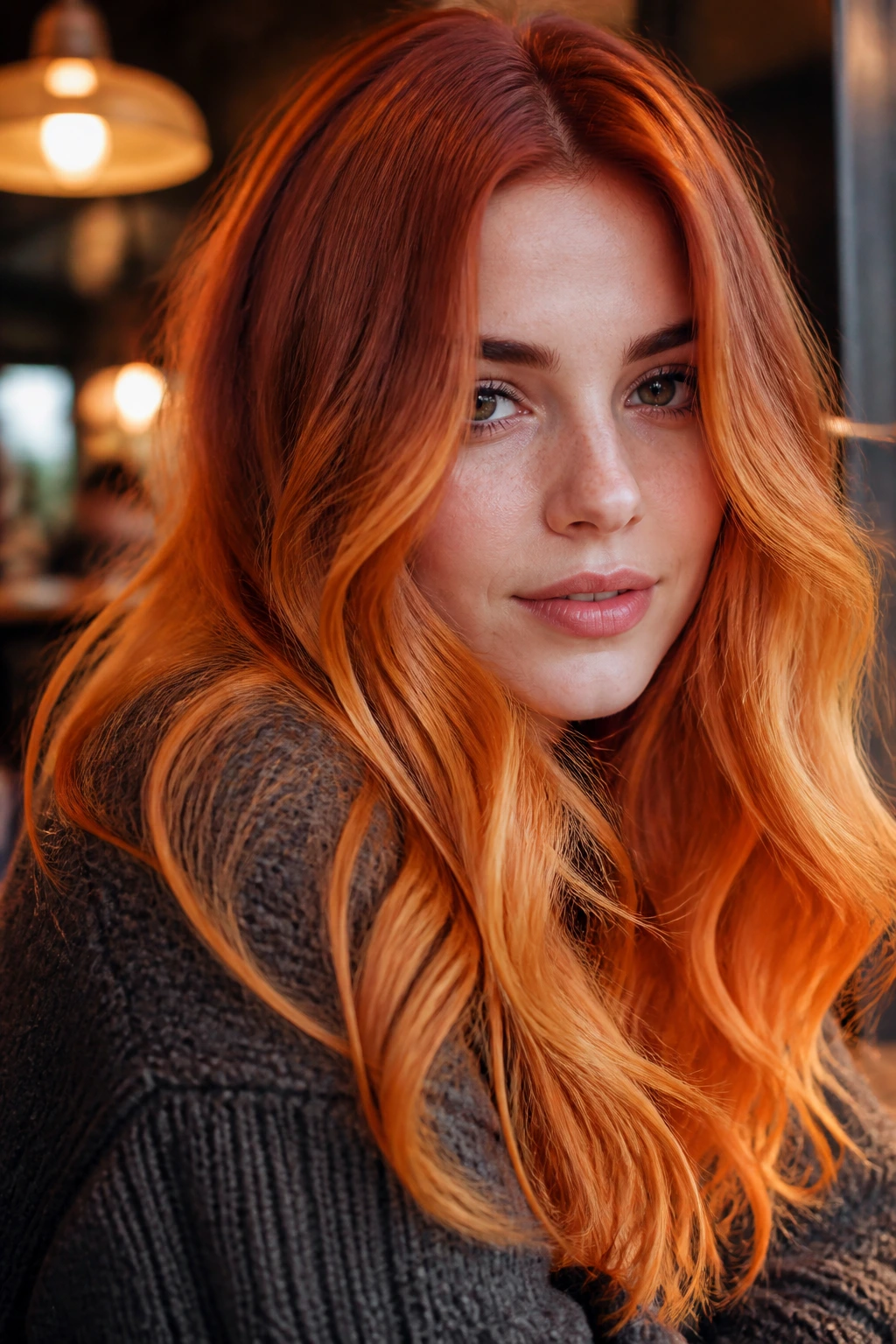 Close-up portrait of a real person with copper-to-orange ombré hair in a cafe
