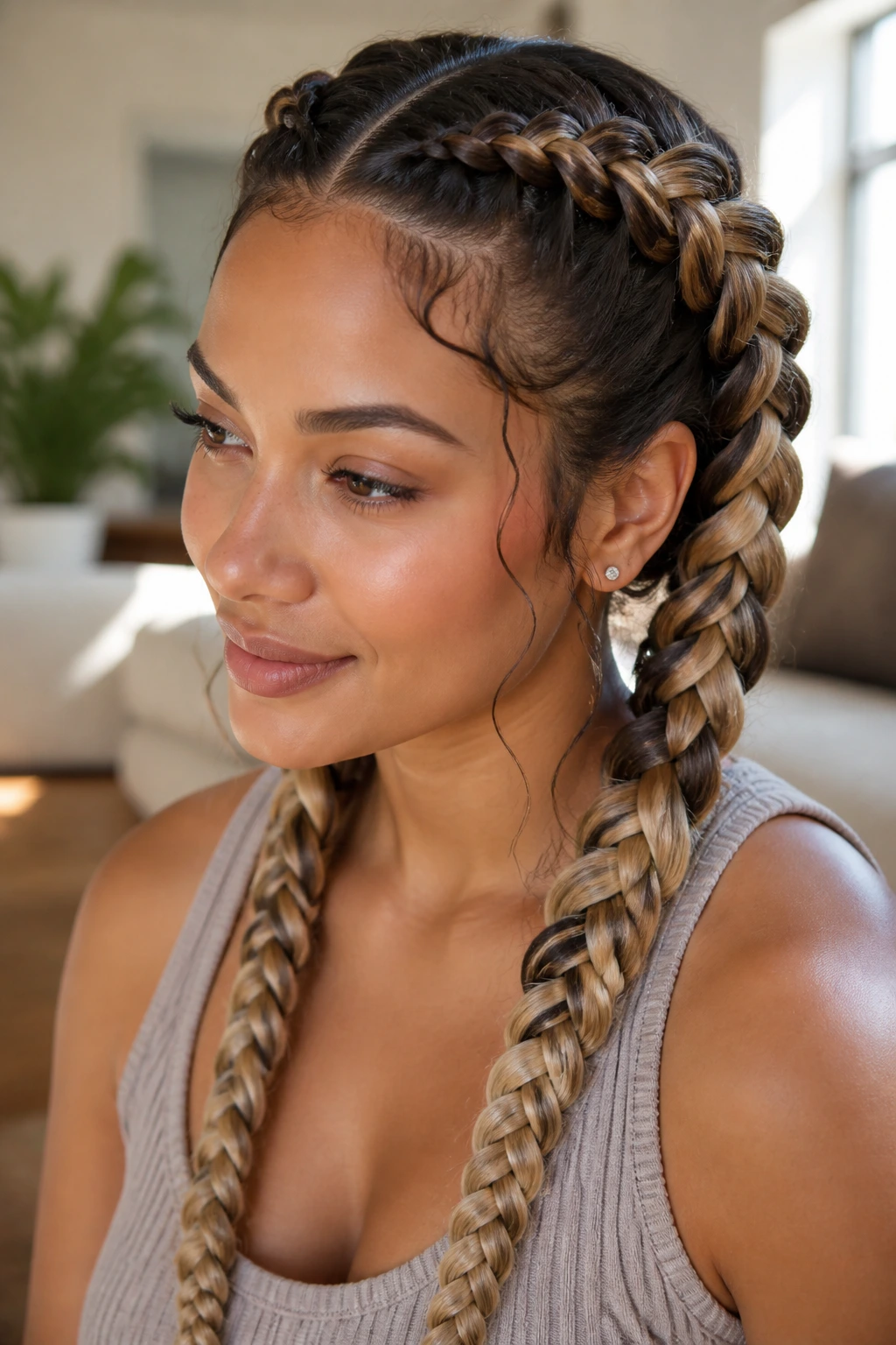 Close-up of real woman with ombre goddess braid from dark to honey blonde