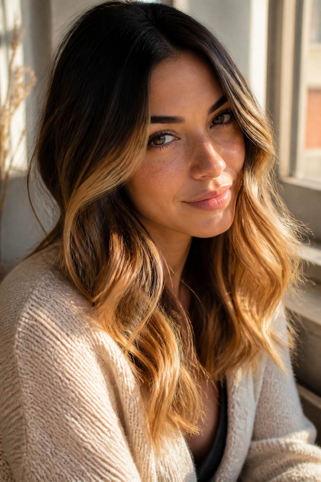 Portrait of a real person with dark roots fading to honey-blonde ombré hair.
