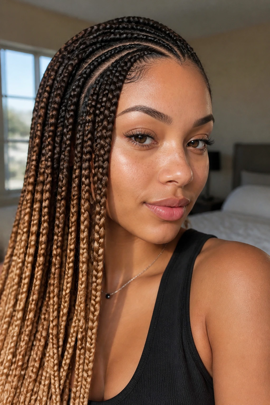 Close-up of ombré lemonade braids with honey highlights on a real person