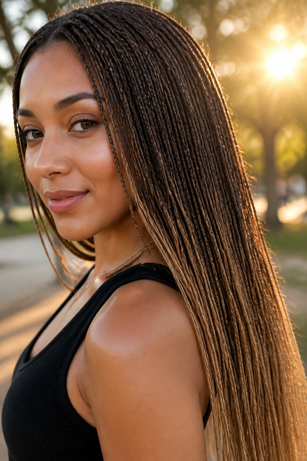 Close-up portrait of a real person with ombré micro braids.