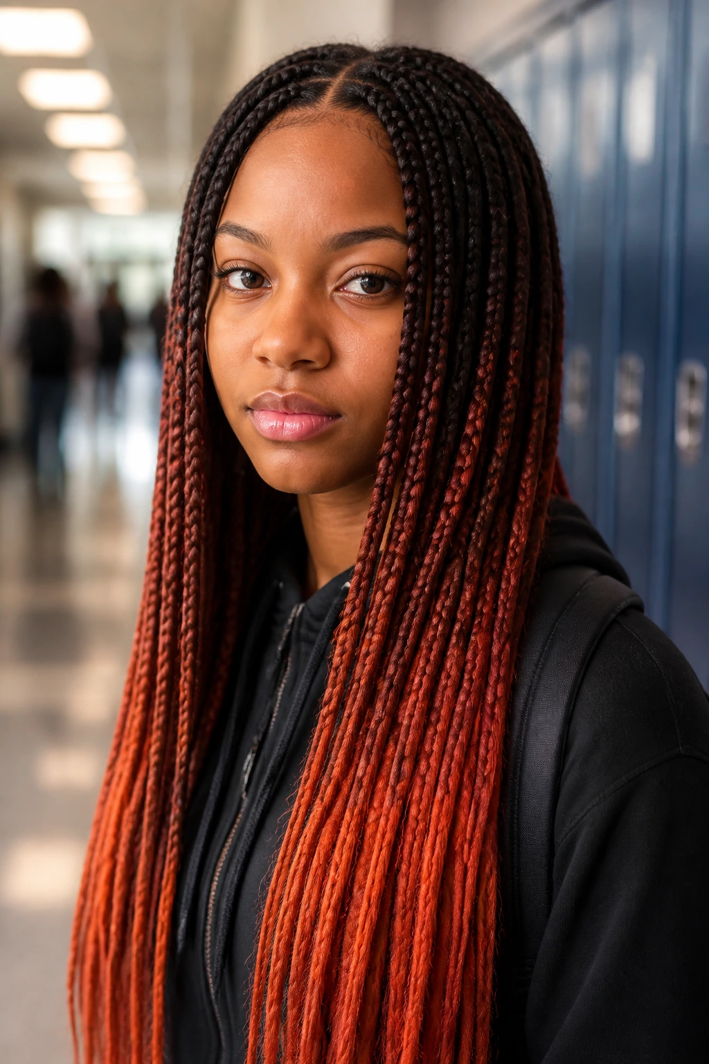 Student with copper-infused ombré plaits in a school corridor